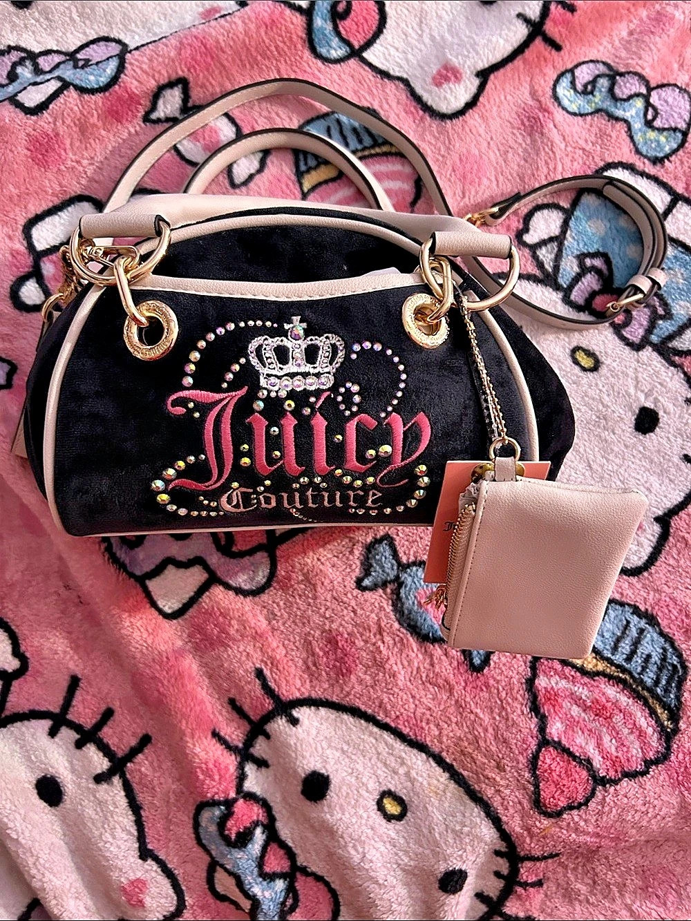 Juicy Couture Velour Rhinestone Crown Bowler Bag with Pouch Black & Pink